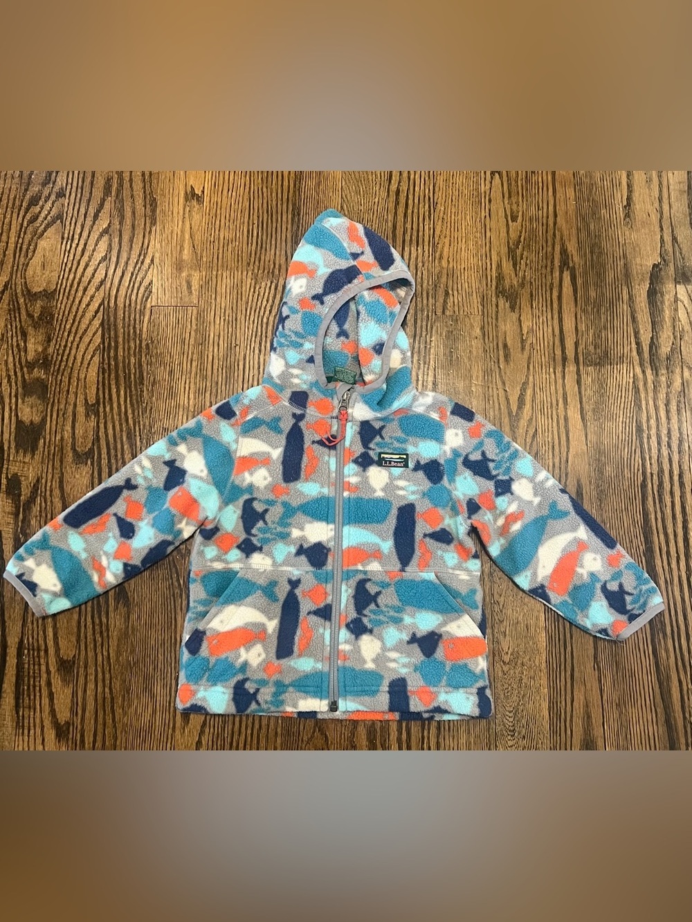 L.L. Bean Kids' Fleece Jacket - Blue, Teal & Gray Fish Pattern